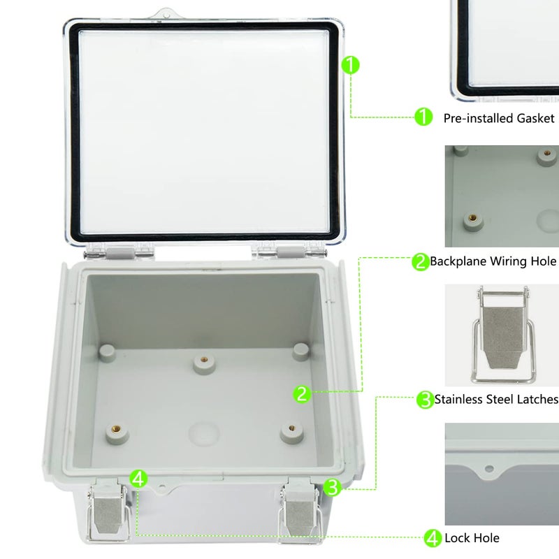 Zulkit Junction Box ABS Plastic Dustproof Waterproof IP67 Electrical Boxes Hinged Shell Outdoor Universal Project Enclosure Grey Clear Cover, Stainless Steel Buckles 5.9 x 5.9 x 3.5 inch - Image 5